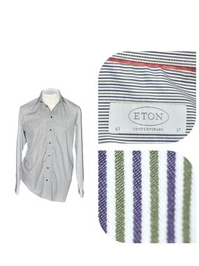 Eton Contemporary Men's Green & Purple Striped Dress Shirt size 17 Actual 16